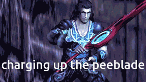 A Cartoon Of A Man Holding A Sword With The Words Charging Up The Peeblade Above Him GIF