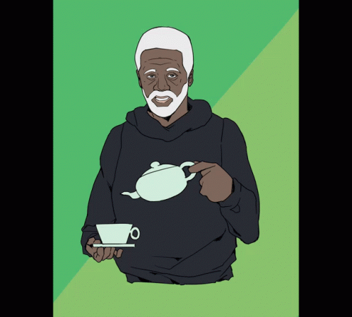 a cartoon of a man holding a teapot and a cup of tea