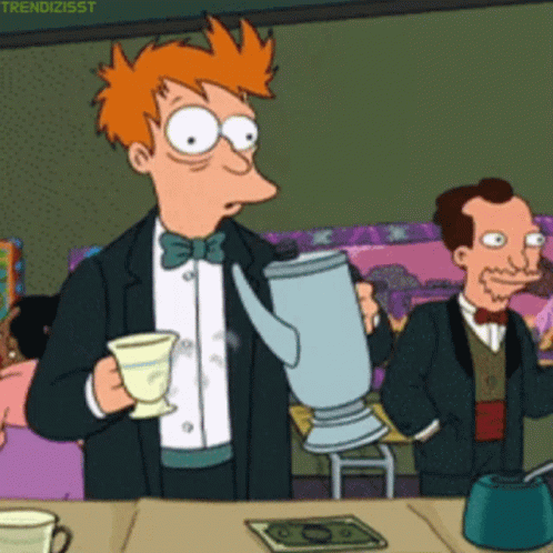A Cartoon Of A Man Holding A Teapot And A Cup Of Tea GIF