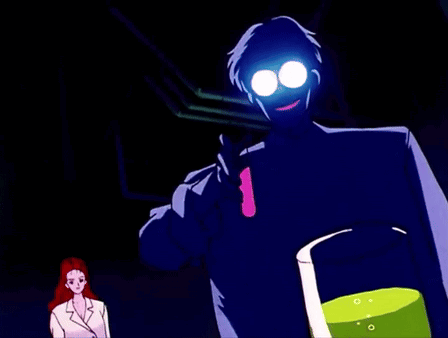 A Cartoon Of A Man Holding A Test Tube And A Woman Standing Next To Him GIF