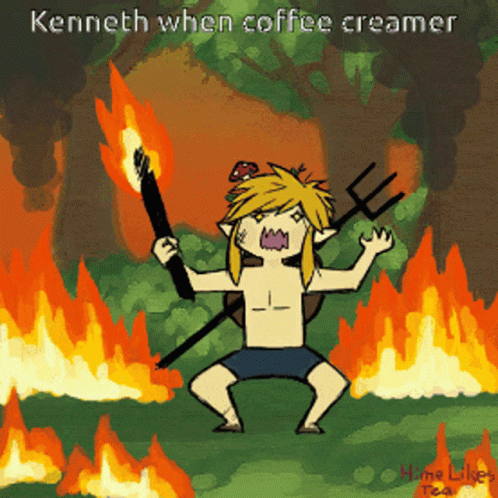 A Cartoon Of A Man Holding A Torch And A Pitchfork With The Words Kenneth When Coffee Creamer GIF