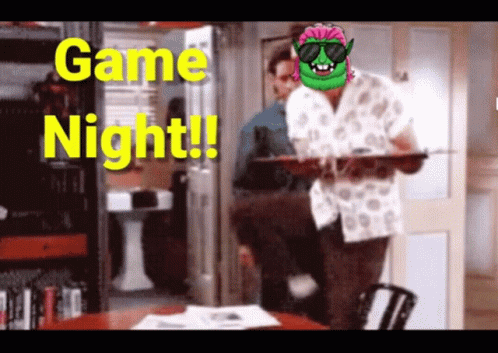 A Cartoon Of A Man Holding A Tray With The Words Game Night Below Him GIF