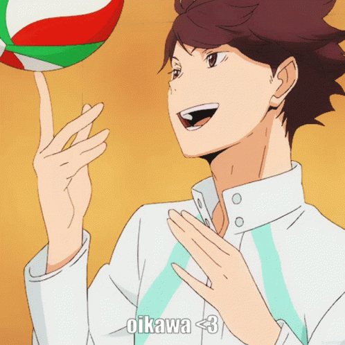 A Cartoon Of A Man Holding A Volleyball With The Words " Oikawa < 3 " Below Him GIF