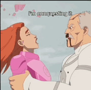 A Cartoon Of A Man Holding A Woman With The Words I 'M Conquering It On The Bottom GIF