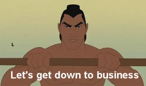 A Cartoon Of A Man Holding A Wooden Bar With The Words `` Let 'S Get Down To Business '' . GIF