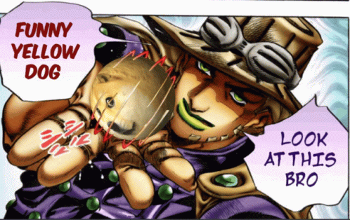 A Cartoon Of A Man Holding A Yellow Dog With The Caption Funny Yellow Dog Look At This Bro GIF