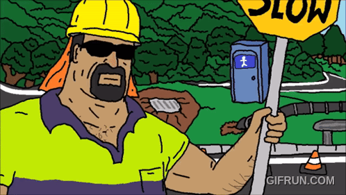 A Cartoon Of A Man Holding A Yellow Sign That Says Slow GIF