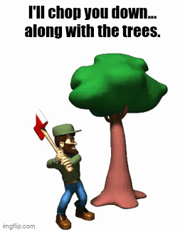 A Cartoon Of A Man Holding An Axe Next To A Tree GIF