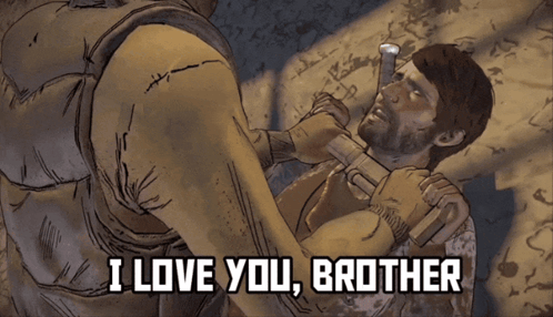 A Cartoon Of A Man Holding Another Man With The Words I Love You Brother On The Bottom GIF