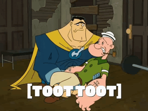 A Cartoon Of A Man Holding Another Man With The Words [ Toot Toot ] Below Them GIF