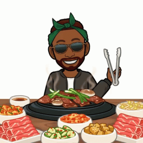 A Cartoon Of A Man Holding Tongs In Front Of A Table Full Of Food GIF