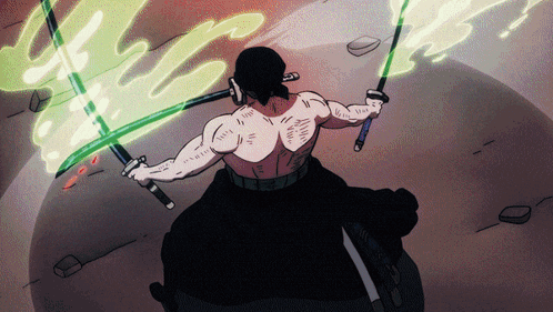 A Cartoon Of A Man Holding Two Swords With Green Flames Coming Out Of Them GIF