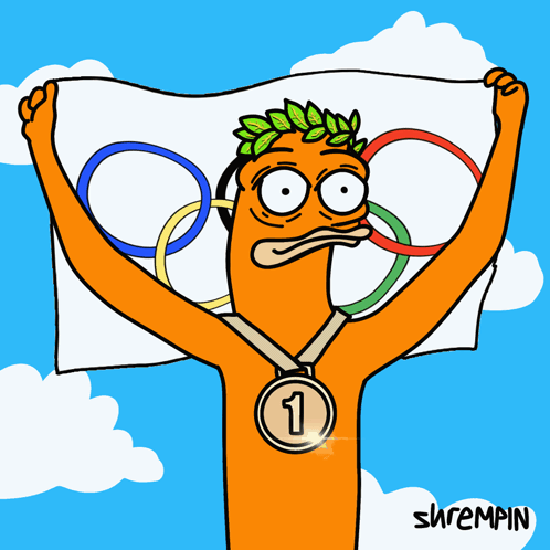 A Cartoon Of A Man Holding Up An Olympic Flag With A Medal Around His Neck With The Number 3 On It GIF