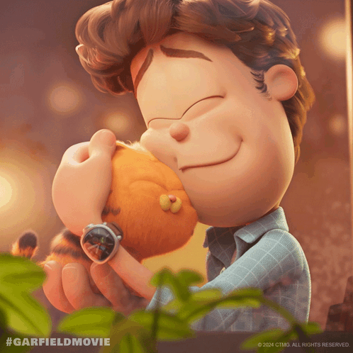 A Cartoon Of A Man Hugging A Stuffed Animal With The Hashtag #Garfieldmovie On The Bottom GIF