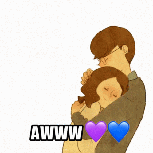 A Cartoon Of A Man Hugging A Woman With The Words Awww Written On The Bottom GIF