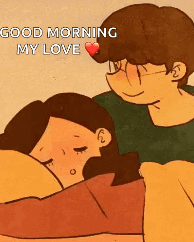 A Cartoon Of A Man Hugging A Woman With The Words `` Good Morning My Love '' Written On The Bottom . GIF
