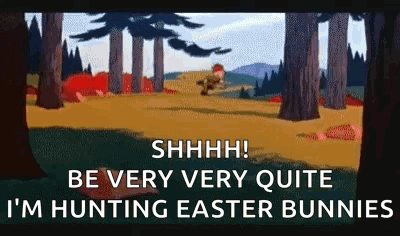 A Cartoon Of A Man Hunting Easter Bunnies In A Forest GIF