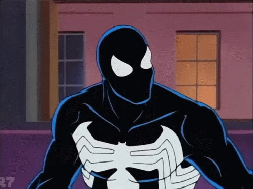 A Cartoon Of A Man In A Black And White Spiderman Suit With A R7 Logo In The Corner GIF