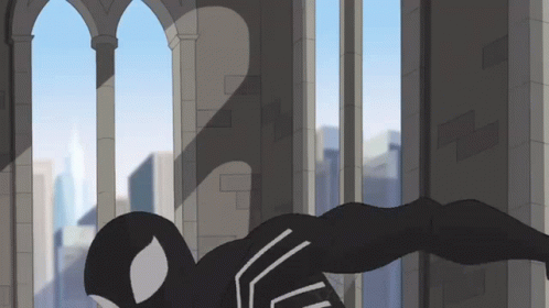 A Cartoon Of A Man In A Black Spiderman Suit Flying Through The Air GIF
