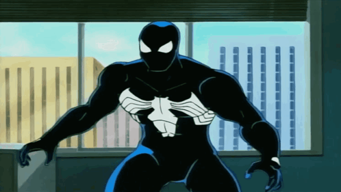 A Cartoon Of A Man In A Black Spiderman Suit Standing In Front Of A Window GIF