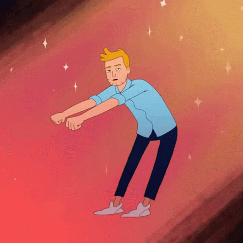 A Cartoon Of A Man In A Blue Shirt And Black Pants Standing On A Red Surface . GIF