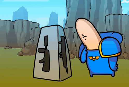 A Cartoon Of A Man In A Blue Uniform Standing Next To A Gun GIF
