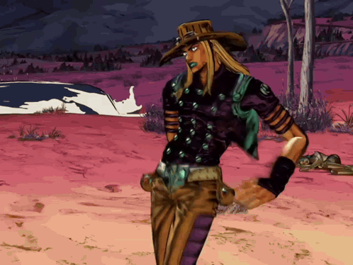 A Cartoon Of A Man In A Cowboy Hat Standing In A Desert GIF