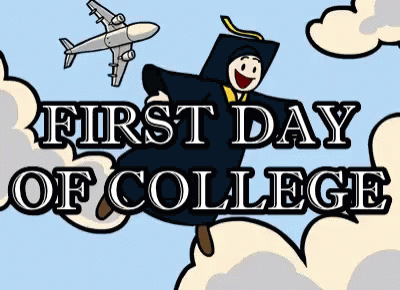 A Cartoon Of A Man In A Graduation Cap And Gown Flying In The Air With The Words First Day Of College Below Him GIF