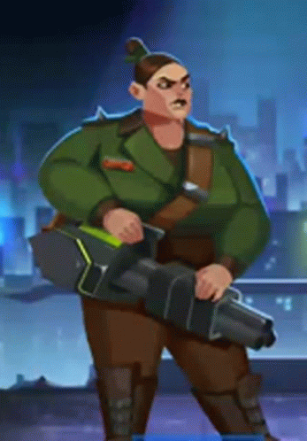 A Cartoon Of A Man In A Green Jacket Holding A Large Gun GIF