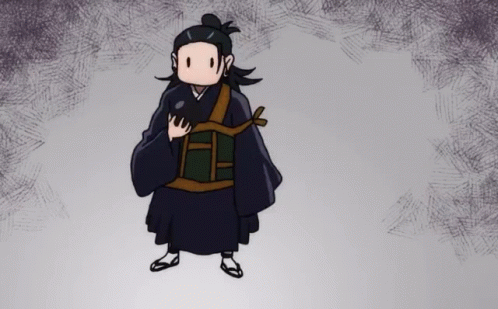 A Cartoon Of A Man In A Kimono Holding A Black Object GIF