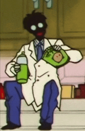 A Cartoon Of A Man In A Lab Coat Holding A Bag Of Food GIF