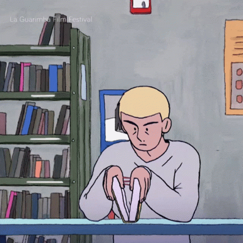 A Cartoon Of A Man In A Library With La Guarimba Film Festival Written On The Bottom Right GIF