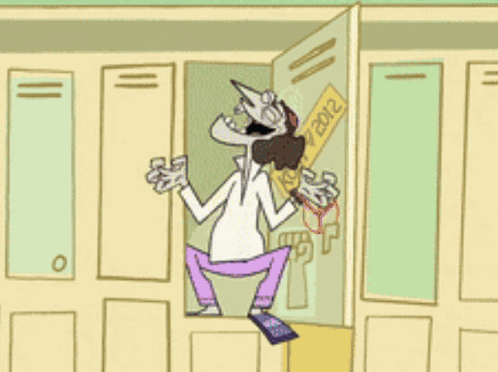 A Cartoon Of A Man In A Locker With A Sign That Says 2012 On It GIF
