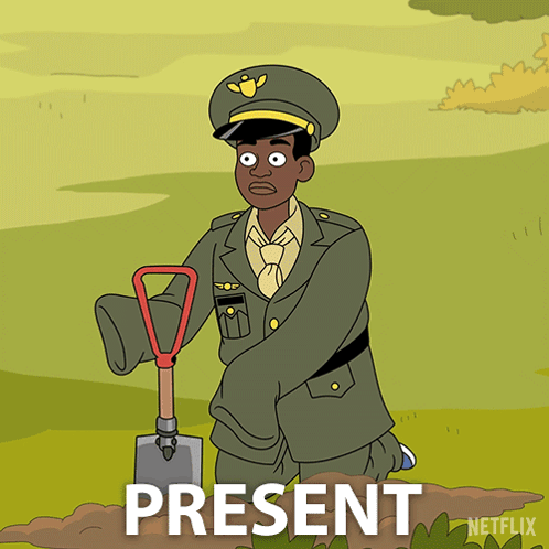 A Cartoon Of A Man In A Military Uniform Holding A Shovel With The Word Present Written Above Him GIF