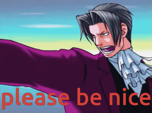 A Cartoon Of A Man In A Purple Suit With The Words Please Be Nice Below Him GIF