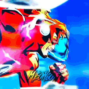 A Cartoon Of A Man In A Red And Blue Costume With A Blue Sky In The Background GIF