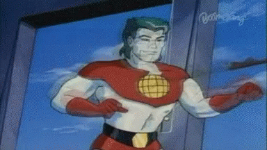 A Cartoon Of A Man In A Red And White Superhero Costume With The Word Young On The Bottom GIF