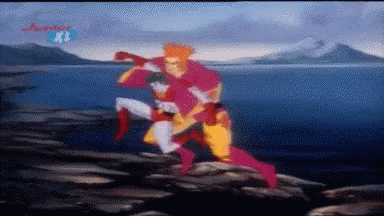 A Cartoon Of A Man In A Red Cape And A Woman In A White Cape With The Letters X On The Bottom GIF