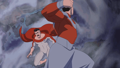 A Cartoon Of A Man In A Red Cape Fighting Another Man GIF