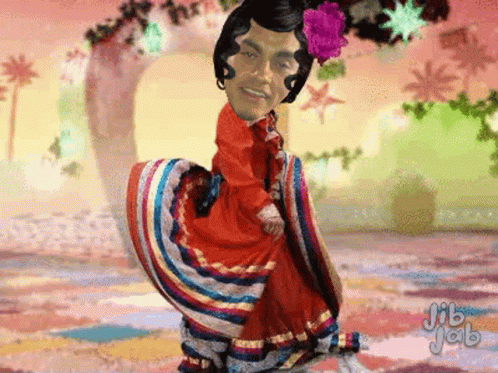 A Cartoon Of A Man In A Red Dress With A Flower In His Hair Is Titled Jib Jab GIF