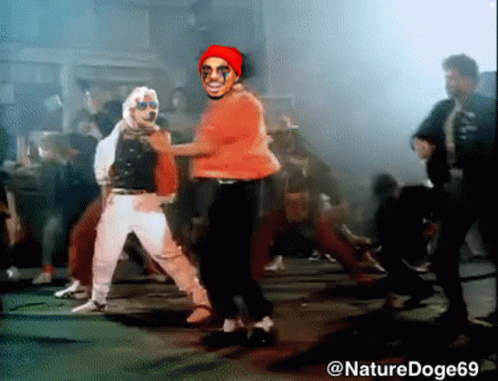 A Cartoon Of A Man In A Red Hat Dancing With A Group Of People GIF