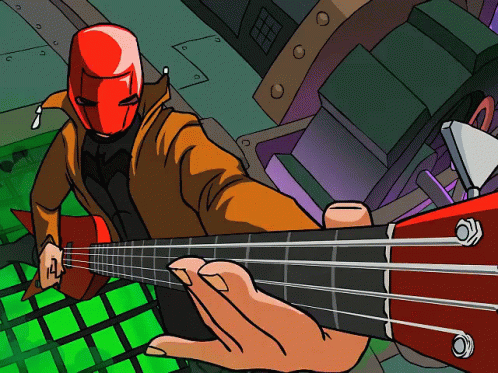 A Cartoon Of A Man In A Red Helmet Playing A Bass Guitar GIF