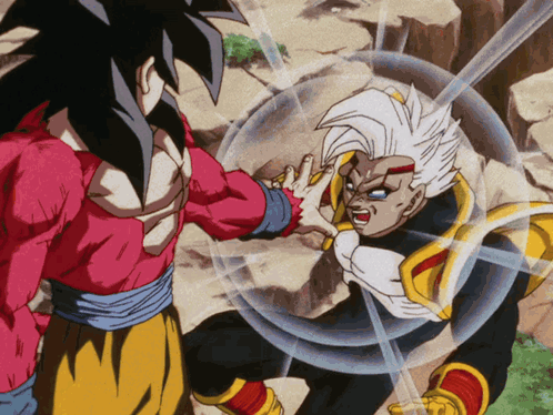 A Cartoon Of A Man In A Red Shirt Fighting Another Man In A Yellow Shirt GIF