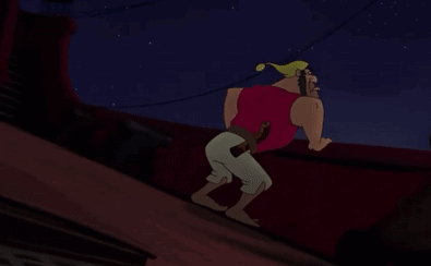 A Cartoon Of A Man In A Red Shirt Standing On A Roof At Night GIF