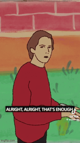 A Cartoon Of A Man In A Red Sweater With The Words Alright Alright That 'S Enough GIF