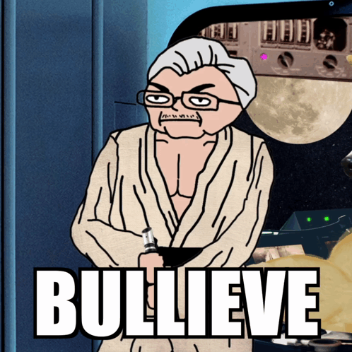A Cartoon Of A Man In A Robe With The Word Bullieve Written On It GIF