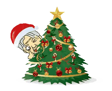 a cartoon of a man in a santa hat peeking over a christmas tree