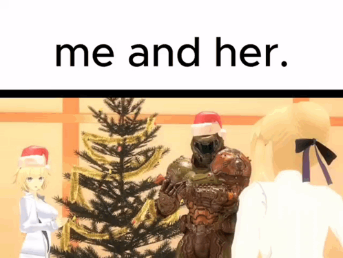 A Cartoon Of A Man In A Santa Hat Standing Next To A Christmas Tree With The Words Me And Her Above Him GIF