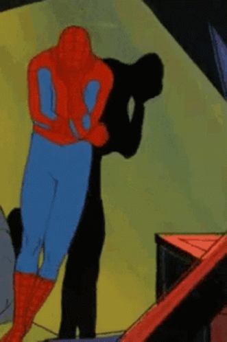 A Cartoon Of A Man In A Spiderman Costume Hugging Another Man In A Black Suit . GIF