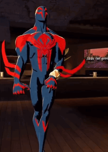 A Cartoon Of A Man In A Spiderman Suit With The Words Feel Good Mix On The Screen GIF